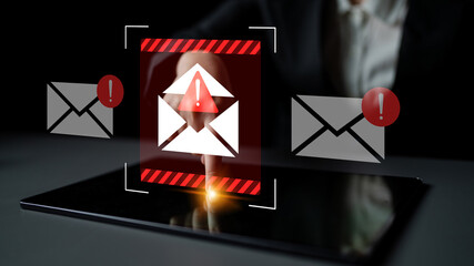 A conceptual image depicting a digital security alert with email notifications and warning symbols, illustrating the importance of cybersecurity and data protection. Gantry