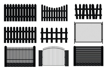 Collection of black and white fence patterns and gate designs on a white background