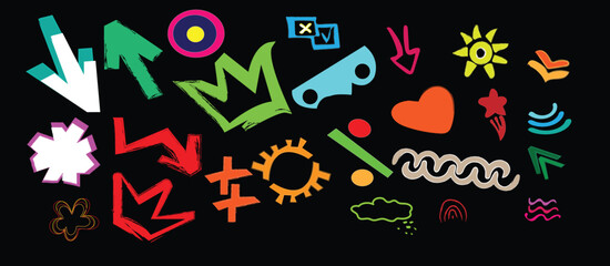 Seamless pattern with colorful brush drawn doodle shapes. Collection bright colored abstract geometric. 