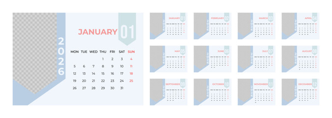 2026 Desk Calendar Template with Photo Space Landscape Format. Week Starts on Monday