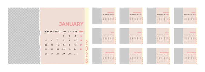 2026 Desk Calendar Template with Photo Space Landscape Format. Week Starts on Monday