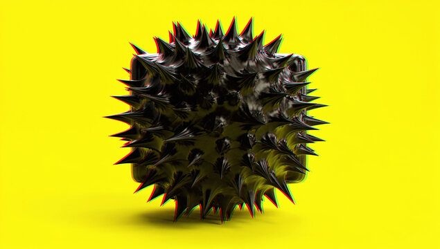 Abstract Black Metallic Spiked Sphere with Chromatic Aberration Effect on a Vibrant High-Contrast Yellow Background