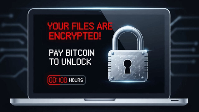 Ransomware attack on laptop. Encrypted files message. Bitcoin payment demand. Cyber attack warning. Locked padlock icon. Hacker threat notification. Black background. Vector illustration.