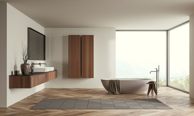 Naklejka na ściany i meble Contemporary bathroom interior with wood textures, minimalist design style, large window background, concept of serene modern living. 3D Rendering
