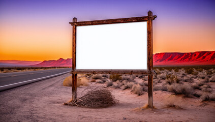 Blank Rustic Wooden Highway Sign Mockup in Arid Desert Landscape Against a Dramatic Sunset Sky
