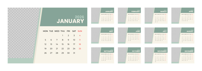 2026 Desk Calendar Template with Photo Space Landscape Format. Week Starts on Monday