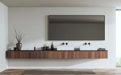 Fotobehang Ridders Contemporary bathroom interior with sleek wooden vanity, dual sinks, and large mirror, 3D Rendering on a white background, concept of modern design  © ImageFlow