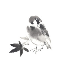 水墨画で描いた楓の葉と雀