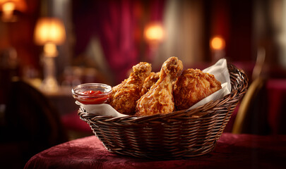 A mouth watering delicious a photograph of fried chicken pieces in a wire basket with sauce on a crimson red studio background, a studio shot. 