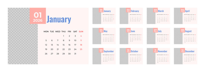 2026 Desk Calendar Template with Photo Space Landscape Format. Week Starts on Monday