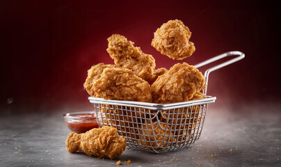 a photograph of fried chicken pieces in a wire basket with sauce on a crimson red studio background, a studio shot, high-resolution photography, high quality, professional food photography,  