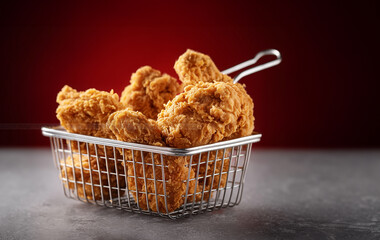 a delicious food photograph of fried chicken pieces in a wire basket with sauce on a crimson red studio background, a studio shot, high-resolution photography, high quality, 