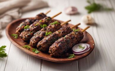 Delicious photo of a traditional kheema platter kebabs arranged in elegant modern wooden plate. on it, arranged neatly and garnished with green leaves .  Restaurant food.