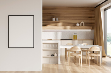 Empty poster frame on white wall in modern kitchen interior with wooden design, marble table, and natural light background. Mockup template concept. 3D Rendering