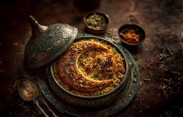 Top-down food photography of a traditional ornate metal pot with a partially opened dom look like a haklf moon. inside there is biriyani rice look like half crescent. Ramadan biriyani. Eid biriyani