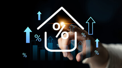 Visual representation of financial growth with hand pointing at upward trends, percentage symbols, and graphs on a dark background, symbolizing economic progress. Gantry