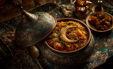 Mouth watering ramadan biriyani. food photography of a traditional ornate metal pot with a partially opened dom look like a half moon. inside there is biriyani rice look like half. hot, biriyani.
