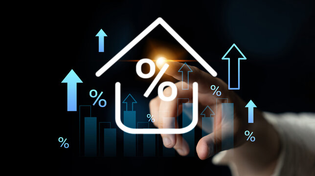 Visual representation of financial growth with hand pointing at upward trends, percentage symbols, and graphs on a dark background, symbolizing economic progress. Gantry - Powered by Adobe