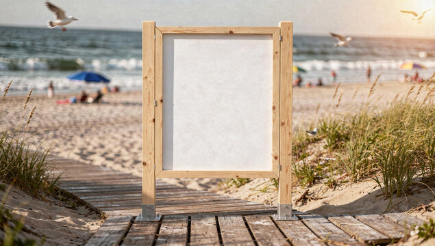 Blank Vertical Wooden Sign Board Mockup on Sandy Beach Boardwalk with Ocean View and Summer Tourists