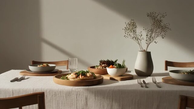 Elegantly Set Dining Table with Modern Minimalist Plates, Cutlery, and a Dry Flower Arrangement in Natural Sunlight.