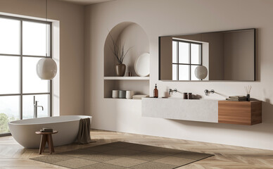 Fototapeta na wymiar Contemporary bathroom interior with freestanding bathtub, wooden vanity, and modern decor on soft beige background. Concept of minimal design. 3D Rendering