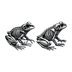 Detailed hand drawn vector illustration of a frog skeleton in black and white