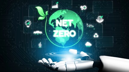 Net zero and sustainability concepts with environmental balance, digital sustainability icons, green energy goals, and eco-conscious digital business transformation for the future. Muxer