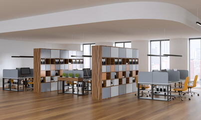 Modern office interior with modular desks, wooden shelving, and yellow chairs on a wooden floor background, open space concept with natural lighting. 3D Rendering