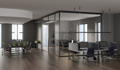 Spacious modern office interior with glass meeting room, sleek furniture, and wooden flooring in a high-rise building background. Concept of workspace design. 3D Rendering © ImageFlow