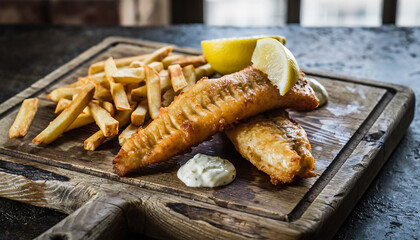 Delicious plate of fried fish and chips with lemon wedge and tartar sauce on wooden board on rustic table.