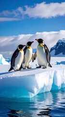 Fototapeta premium Three Emperor Penguins standing on a bright blue iceberg