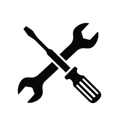 Crossed wrench and screwdriver tool vector icon, mechanic service, maintenance and technical repair symbol, isolated black graphic EPS