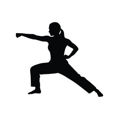 Female martial artist punch vector silhouette, karate or kung fu combat stance, fitness training icon, isolated black graphic EPS
