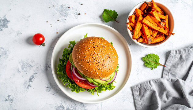 Vegan Burger with Sweet Potato Fries