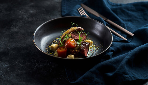 Appetizing dish of meat and vegetables on a plate with utensils on a blue cloth napkin against a dark background.
