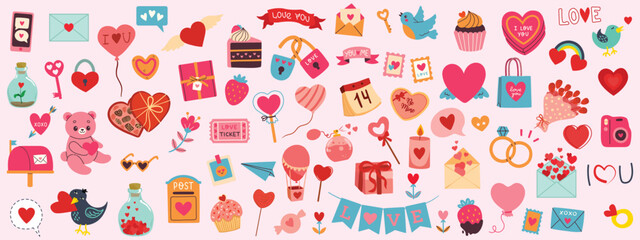 Love post office. Many various romantic objects. Saint Valentine's day big vector set. Colored retro trendy illustration. Flat design. All elements are isolated.