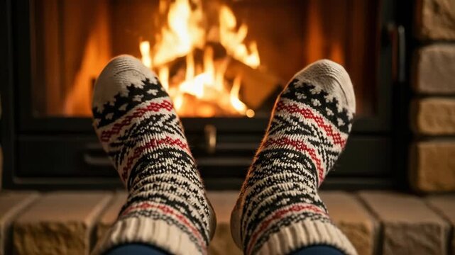 Cozy wool socks relaxing by a warm crackling fireplace in winter