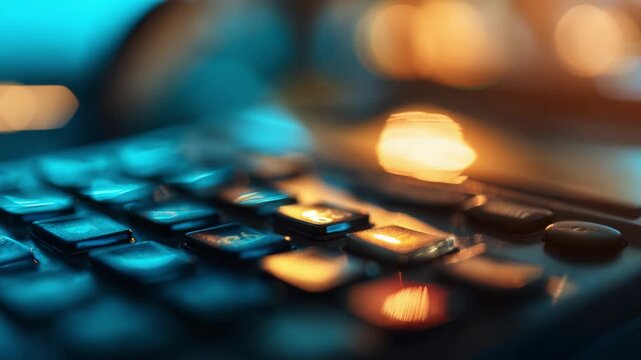 A close-up view of a finger pressing a button on a calculator, capturing the sleek design and vibrant lighting that highlights the intricate details of the device and its keys.