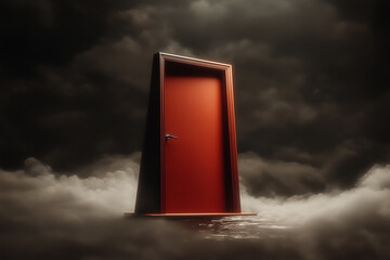 Red door in surreal cloudy dimension