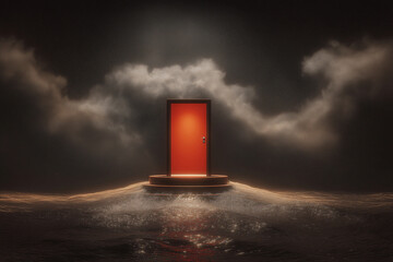 Red door on platform above dark water