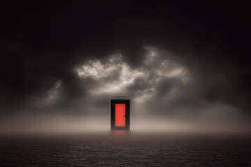 Lonely red door in misty seascape