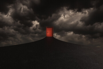 Red door at the top of dark hill