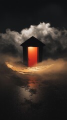 Red glowing door in foggy surreal landscape