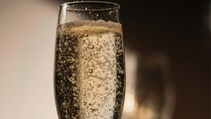 Close-up of a champagne flute filled with sparkling wine and rising bubbles.