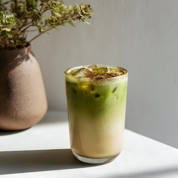 Refreshing Beverage Scene Featuring Iced Coffee and Vibrant Green Matcha Latte in a Minimal Setting, banana smoothie