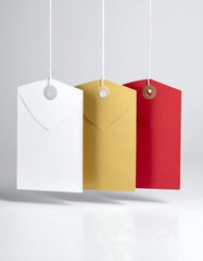 Three colorful blank tags hang vertically. Strings and paper