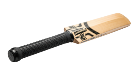 classic english willow cricket bat, polished honey-brown wood grain, charcoal black diamond grip, sharp focus on a white studio background, showcasing high-end sports equipment craftsmanship