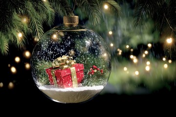 Christmas glass ornament with snow and gift