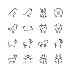 Diverse Collection of Sixteen Vector Outline Animal Icons Featuring Common Birds, Farm Livestock, and Varied Wildlife for Modern Graphic Design and Digital Projects
