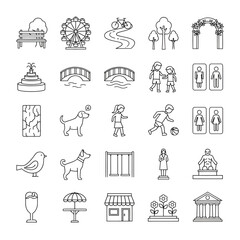 Fototapeta premium Modern outline vector icons illustrating public park environments, city elements, recreational pursuits, and essential amenities in a clean, contemporary style